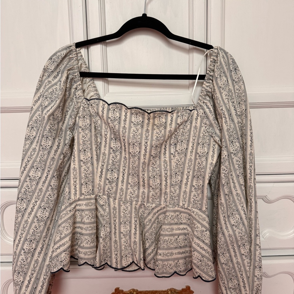 Women's Cream Striped Peplum Blouse with Black Scallop Trim
